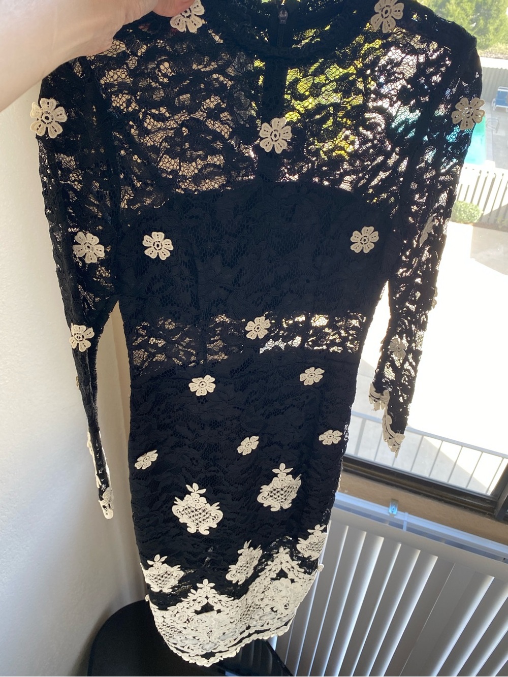 Alexis Black Lace Sheer Long-Sleeve Midi Dress with White Floral Appliqué